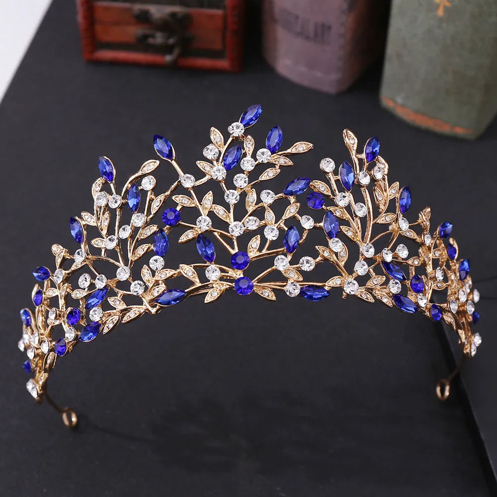 Vintage rhinestone headdress crown, alloy hair accessory, 15 x 6.5cm, retro crown shape, green phantom quartz crystal