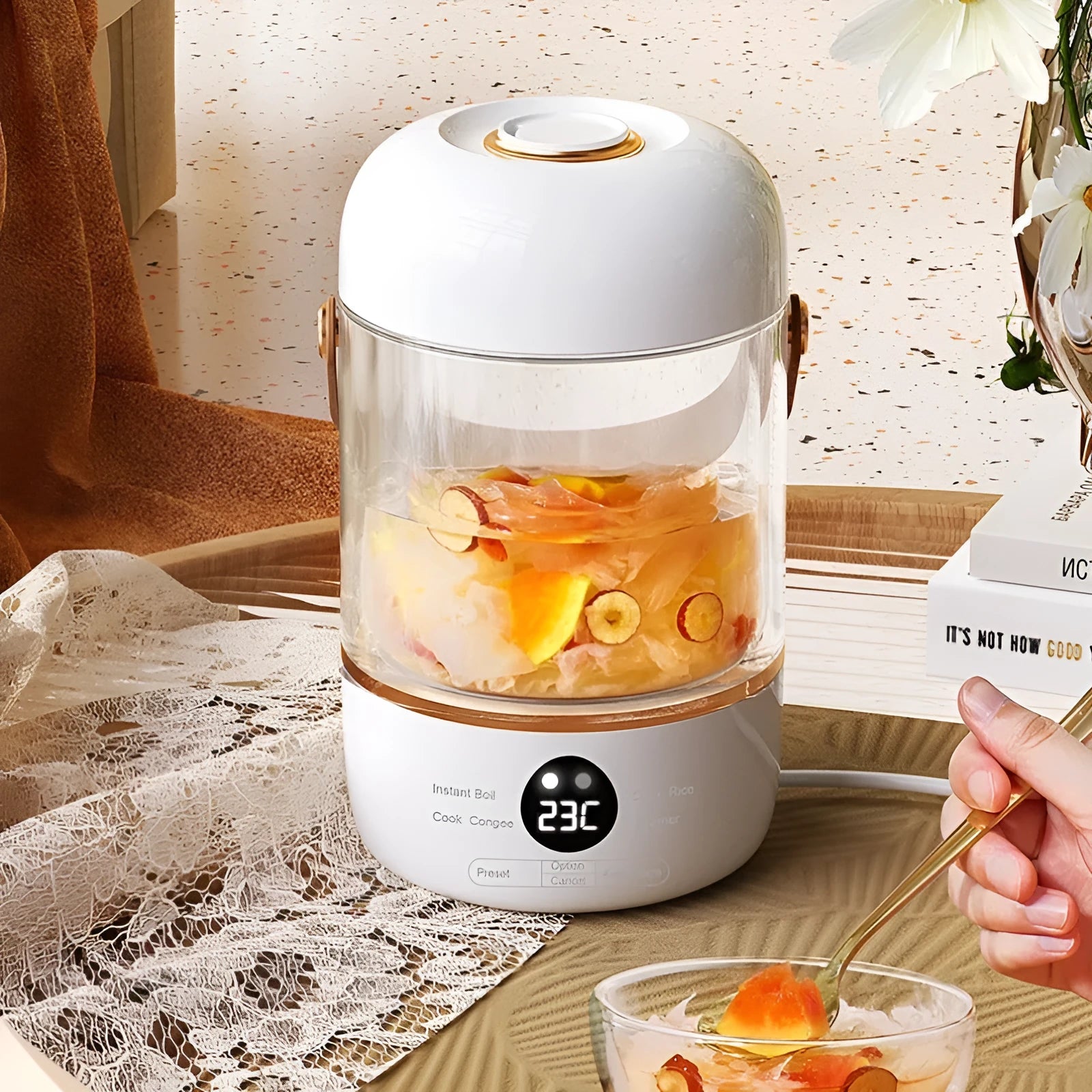 Personal portable electric stew cooker with glass liner in transparent or invisible version, capacity under 1 litre.