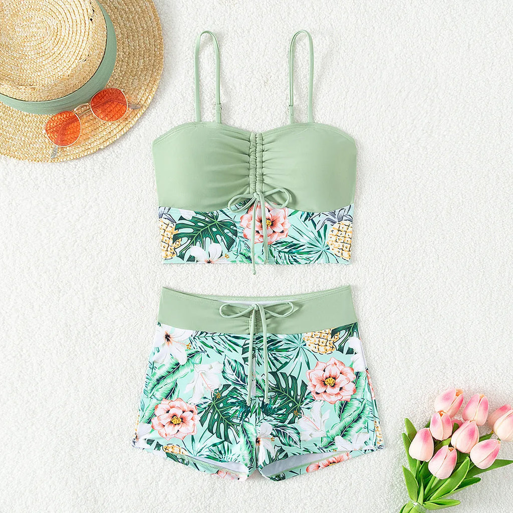 Women's printed drawstring bikini swimsuit with high waist and backless design, in JP140GR or JP140BK, sizes S-XXL