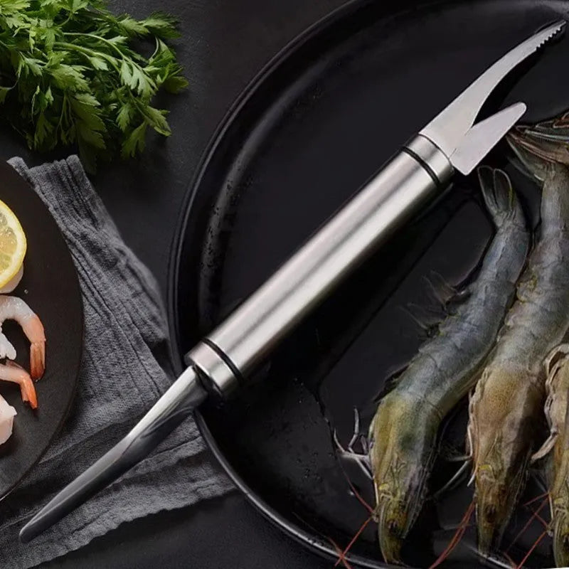 Multifunctional 304 stainless steel shrimp remover knife with eagle-beak tip and double row blades for peeling shrimp, splitting fish and scaling