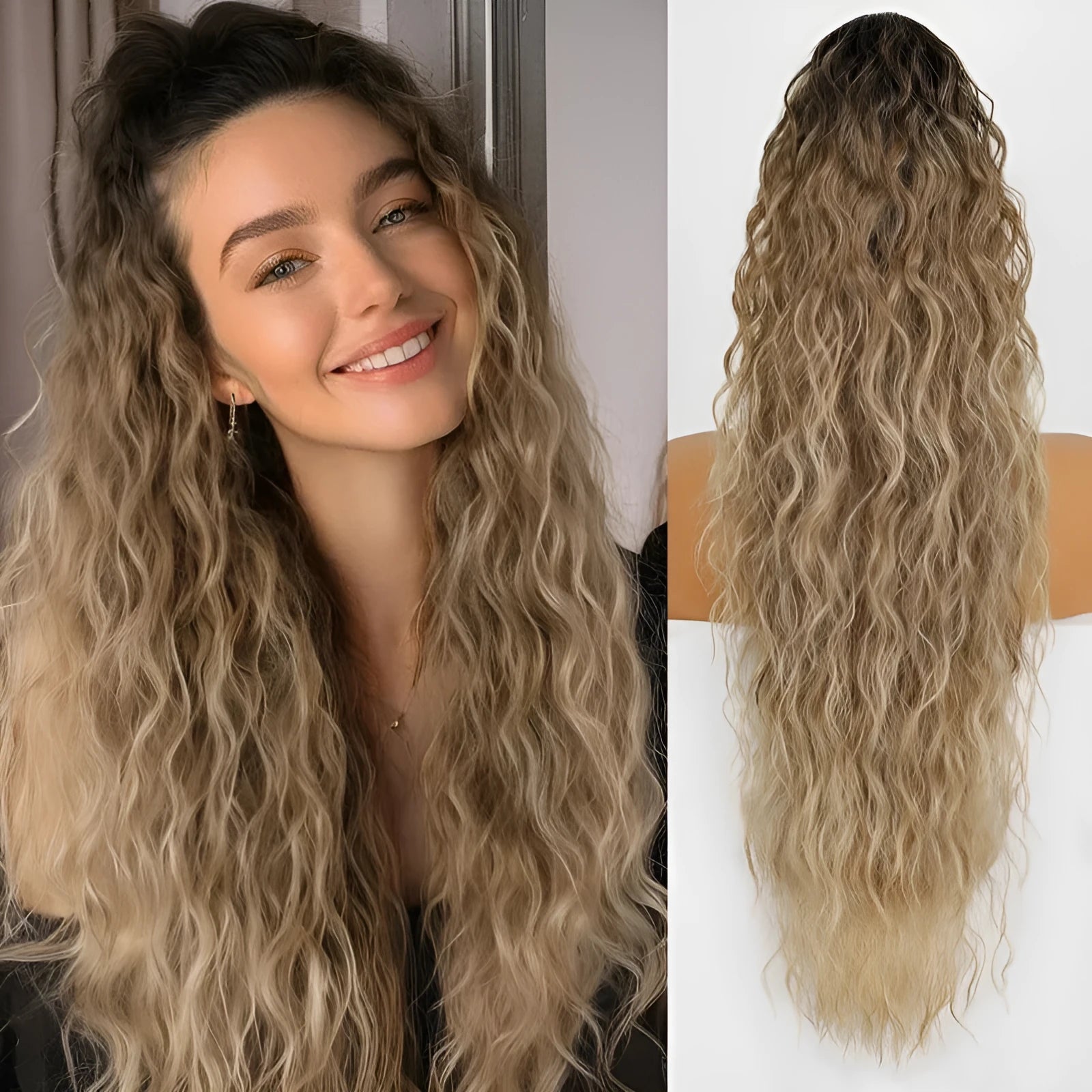 Long curly synthetic ponytail wig in various colours, showing 30-inch length and fluffy texture.