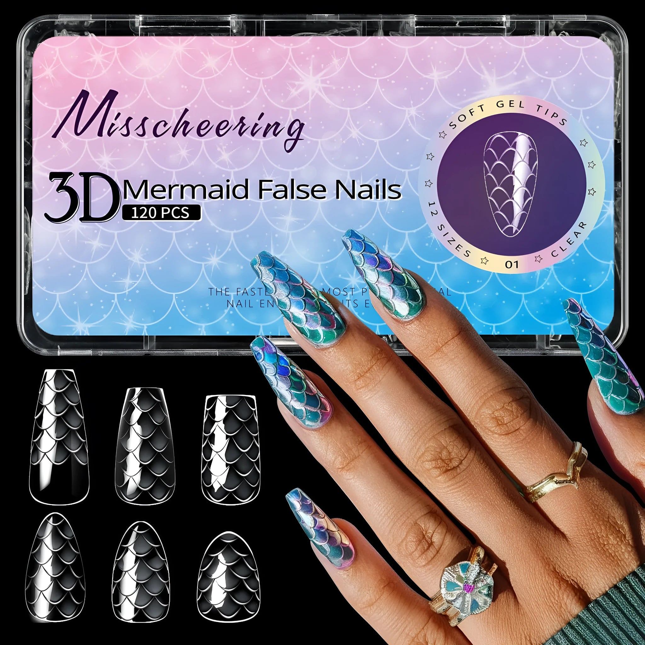 3D scale long shaping nail tips in colour-coded packaging for professional manicures