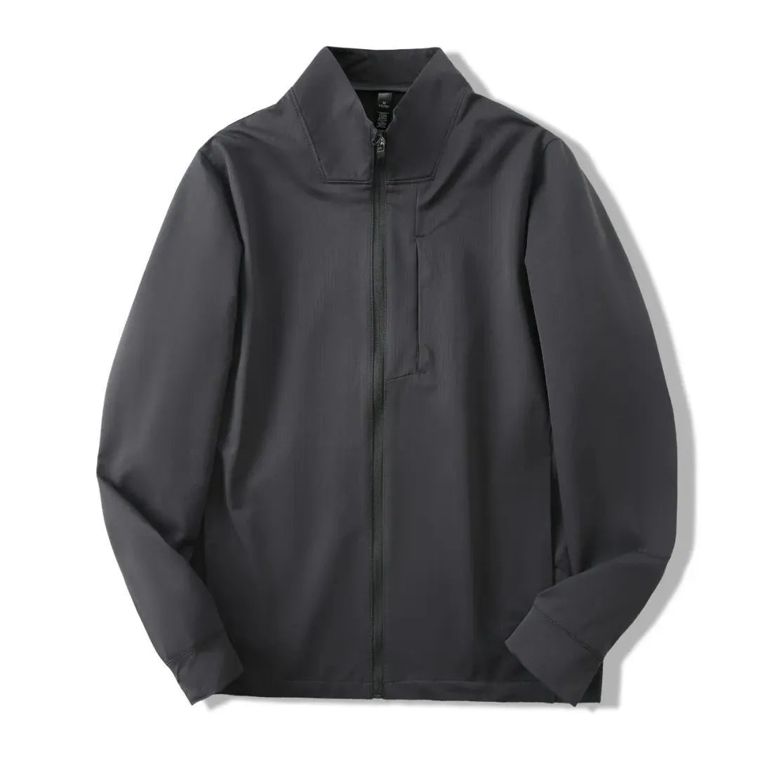 Man wearing a stand collar straight hem casual sports jacket in polyester fabric.