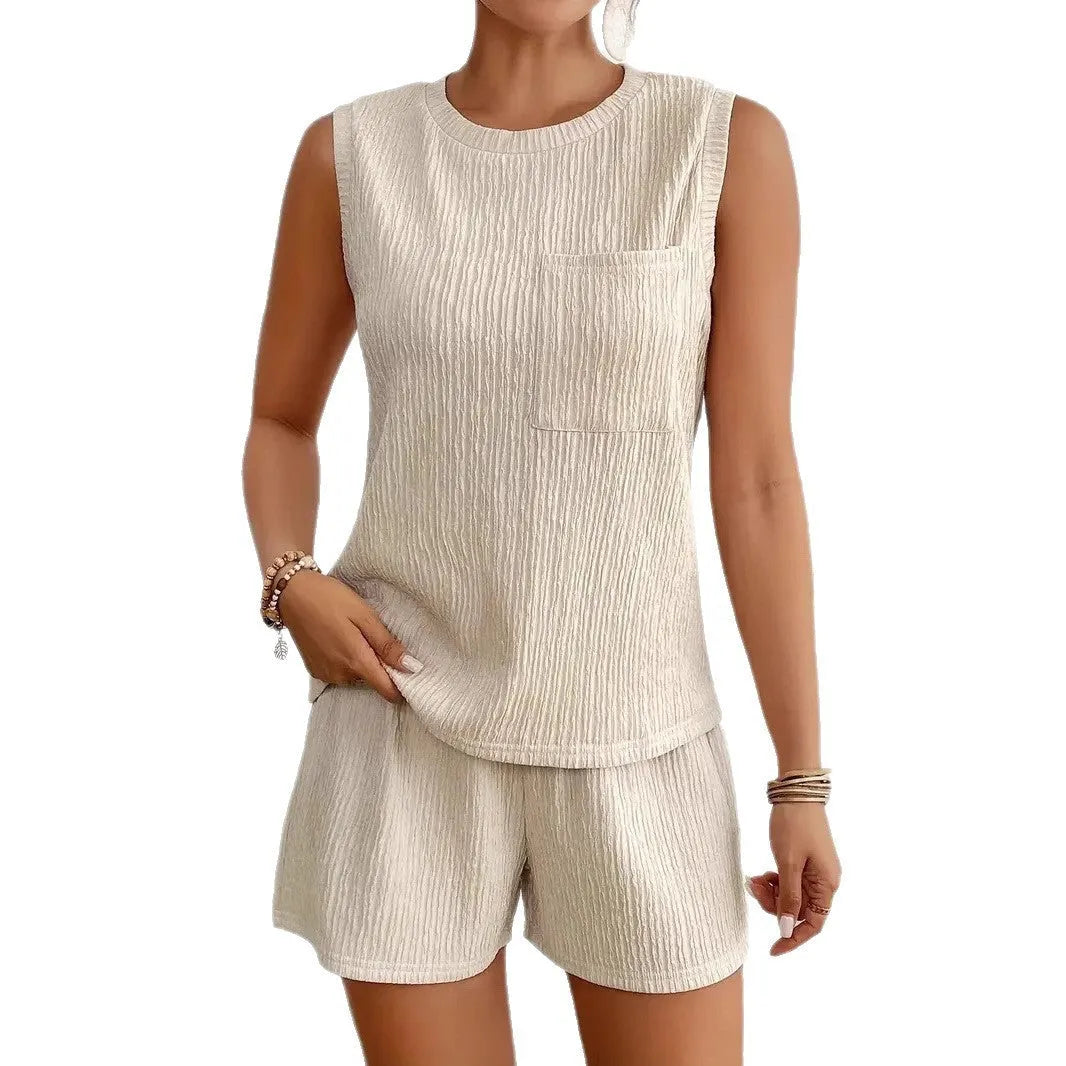 Women's apricot polyester vest shorts set with round neck sleeveless top