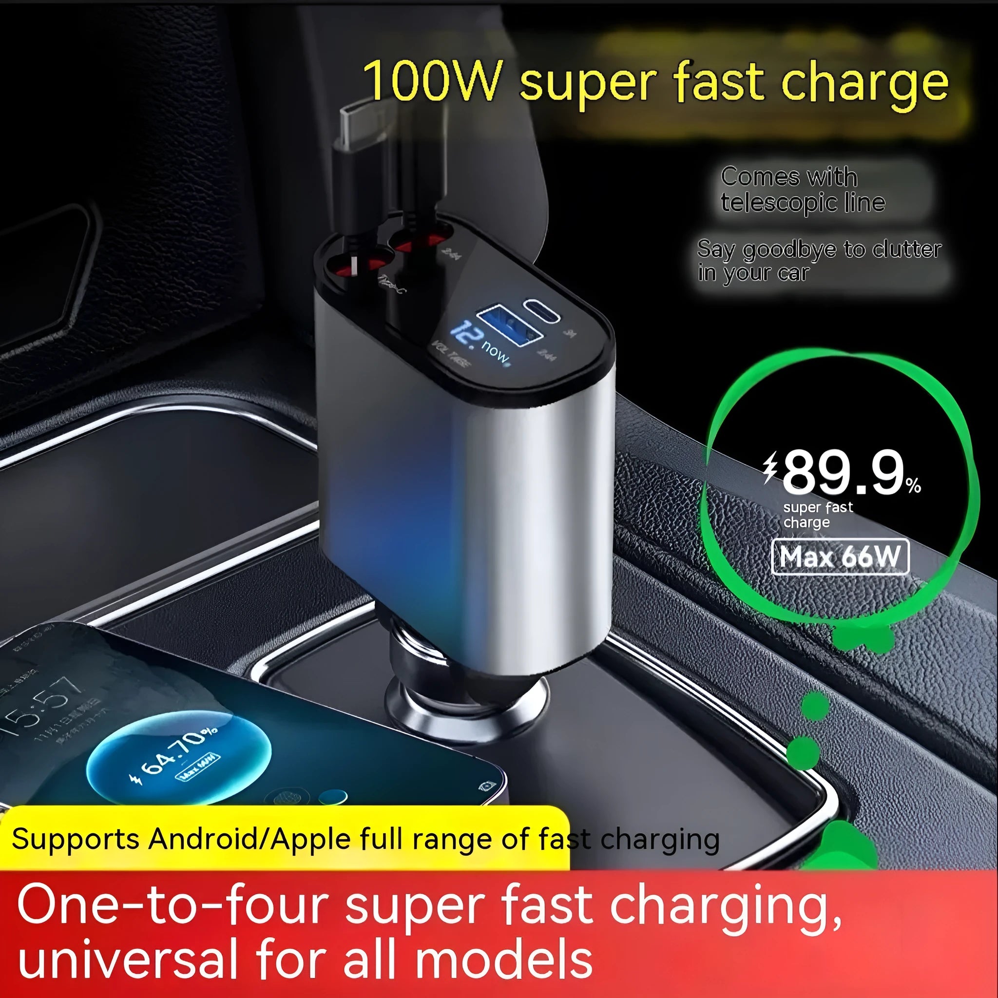 Automatic retractable vehicle charger with headband and multi-port plug for cigarette lighter socket