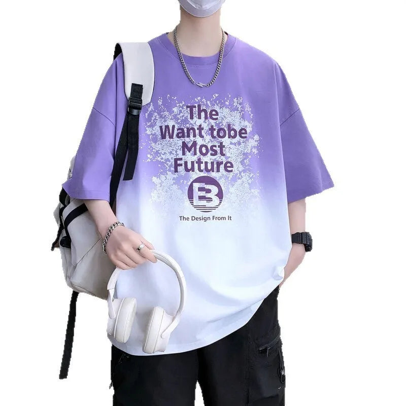 Boys printed cotton blend T-shirt in dark blue with Jacquard design and drop shoulders.