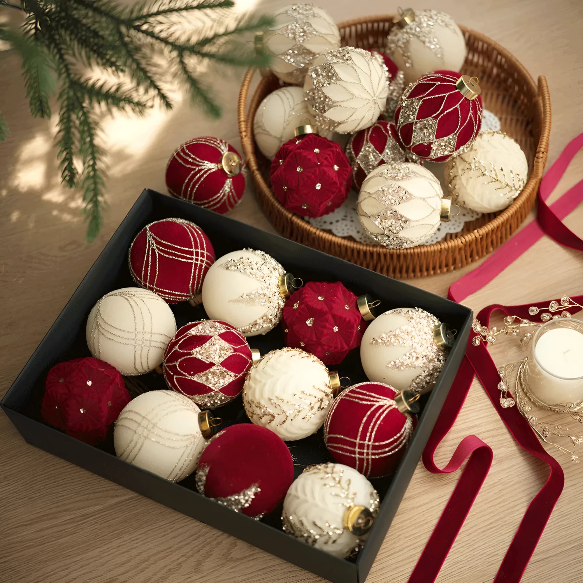 12-piece plastic flocked Christmas ball set in paper box with wine red, milky white, and Maillard colour options
