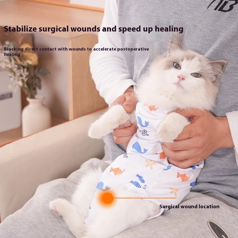 Cat wearing a printed polyester sterilization recovery suit with Velcro fastening on its torso.