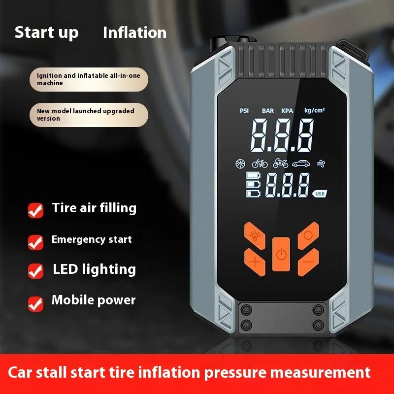 Car wireless inflatable start power all-in-one machine ABS 14.8V with hose, adapters, and digital display