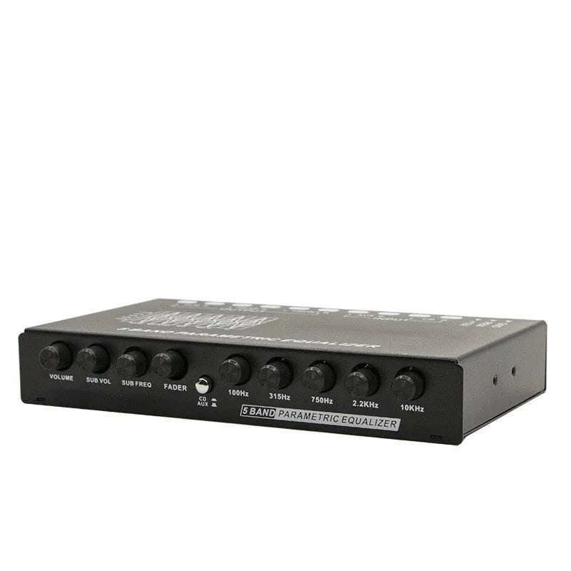 Car audio EQ equaliser unit with front panel controls for frequency and subwoofer volume adjustment
