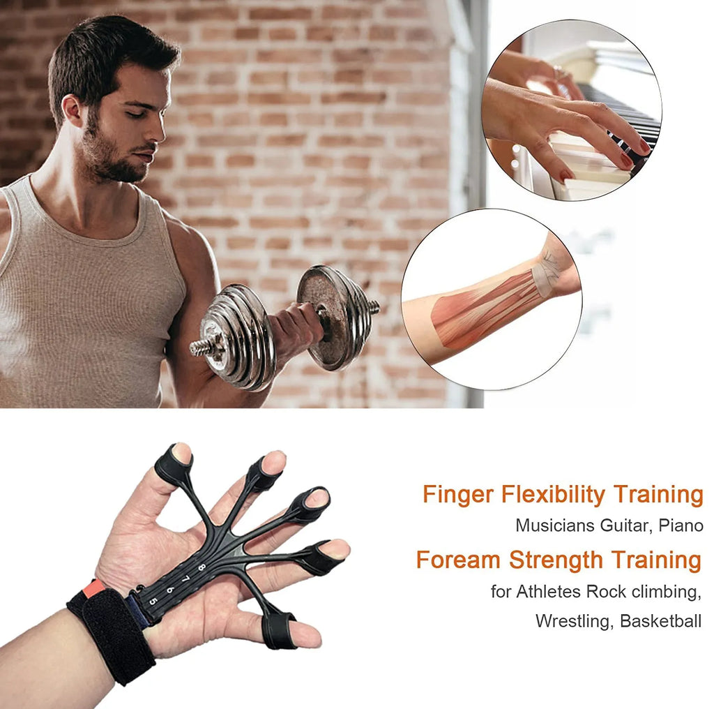 HLX silicone finger flexion and extension trainer with adjustable belt in black colour