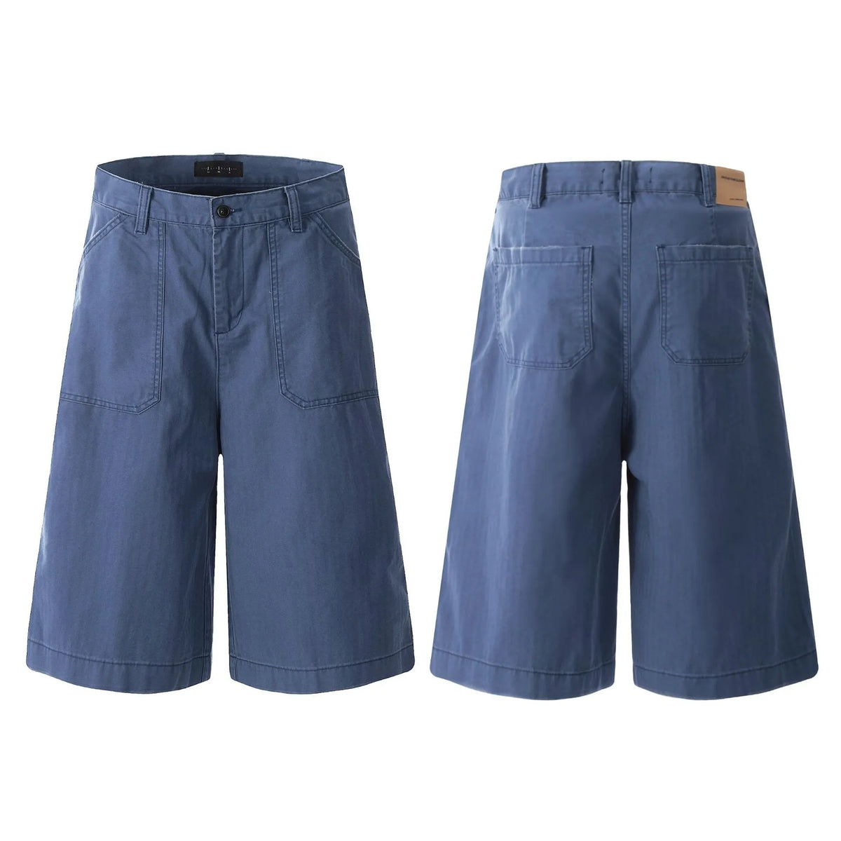 Men's French blue cotton shorts, loose straight-leg fit, mid-rise waist with zipper fly, lying flat.