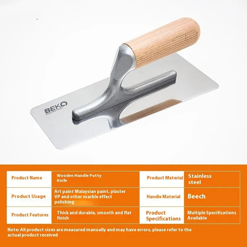 Stainless steel wall putty scraper with a wooden handle shown in three different blade sizes.