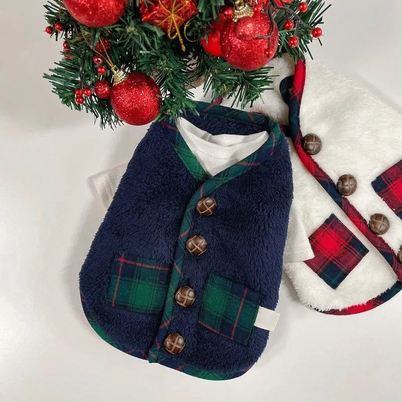 Navy blue pet fleece jacket with checkered pattern, Sherpa lining, decorative buttons, and snowman accent on a small dog