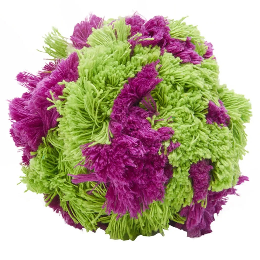Purple sea urchin plush dog chew ball with multiple protruding sections for teething relief