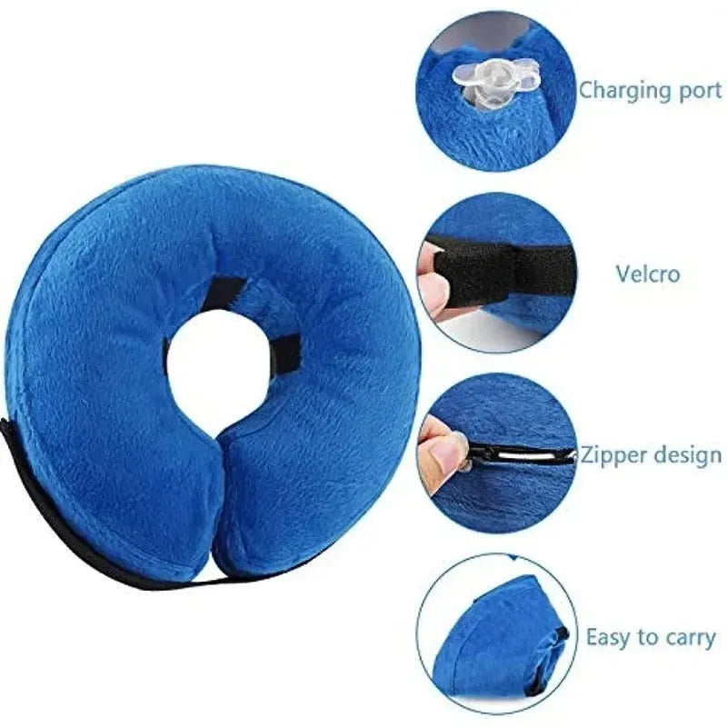 Blue inflatable soft recovery collar for a dog resting after surgery.