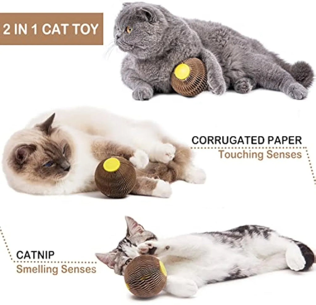 Brown catnip refillable scratch ball made from recycled corrugated paper with natural catnip included, 76mm size, on wooden floor