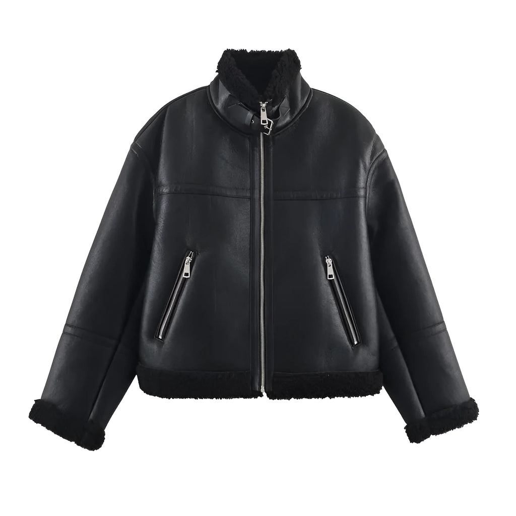 Women's double-sided fleece jacket black reversible casual PU fabric medium thickness