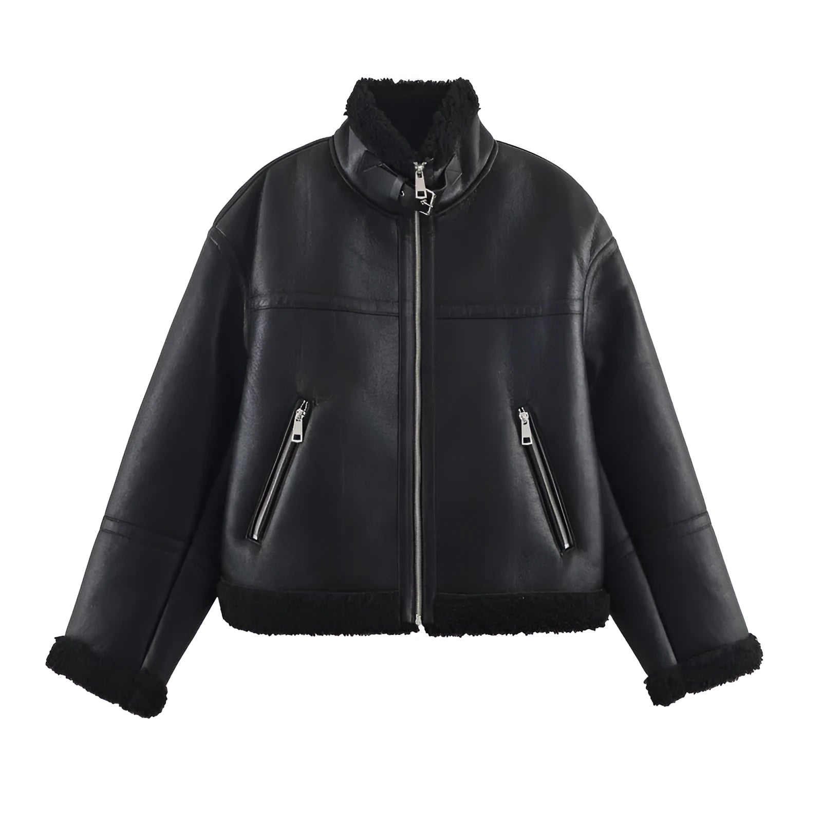 Women's double-sided fleece jacket black reversible casual PU fabric medium thickness