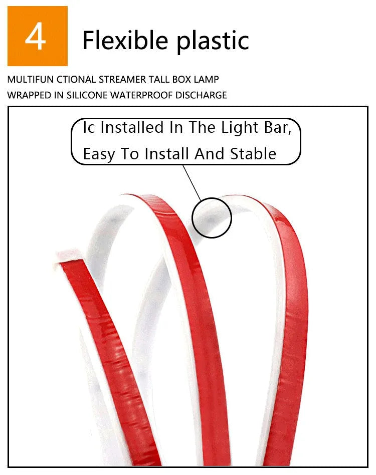 Red and white LED car door warning light strip with streamer effect on a car door edge