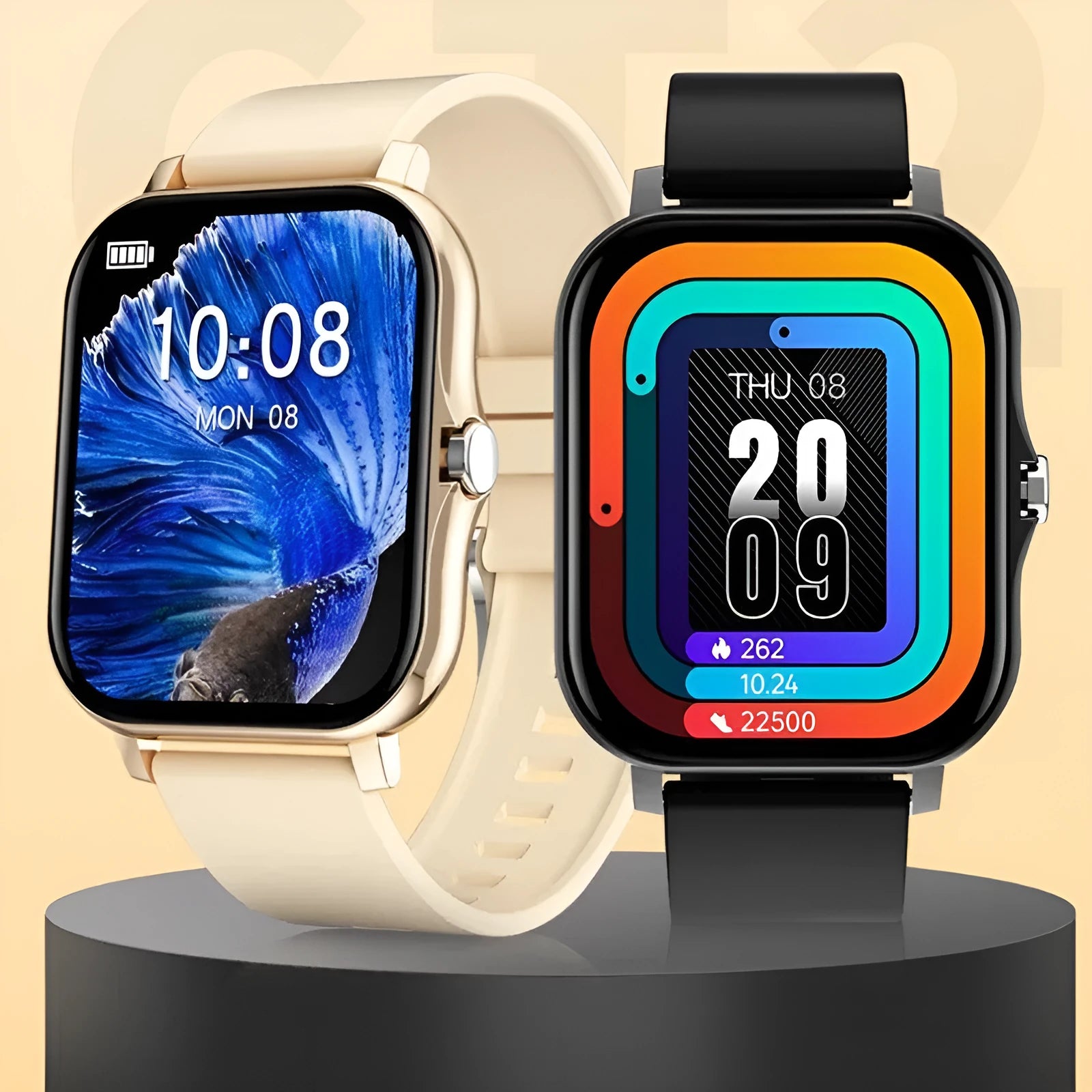 Custom dial smart watch with Bluetooth calling and 1.69 inch IPS display on wrist showing pink mesh silicone strap