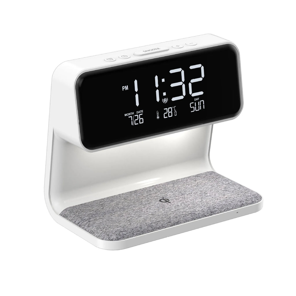 White 3-in-1 bedside lamp with wireless charging pad, LCD alarm clock display, and touch controls.