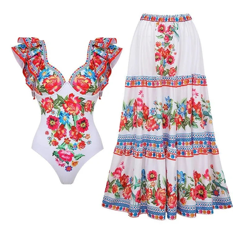 Women's printed one-piece swimsuit in rose pink, available in sizes S M L XL