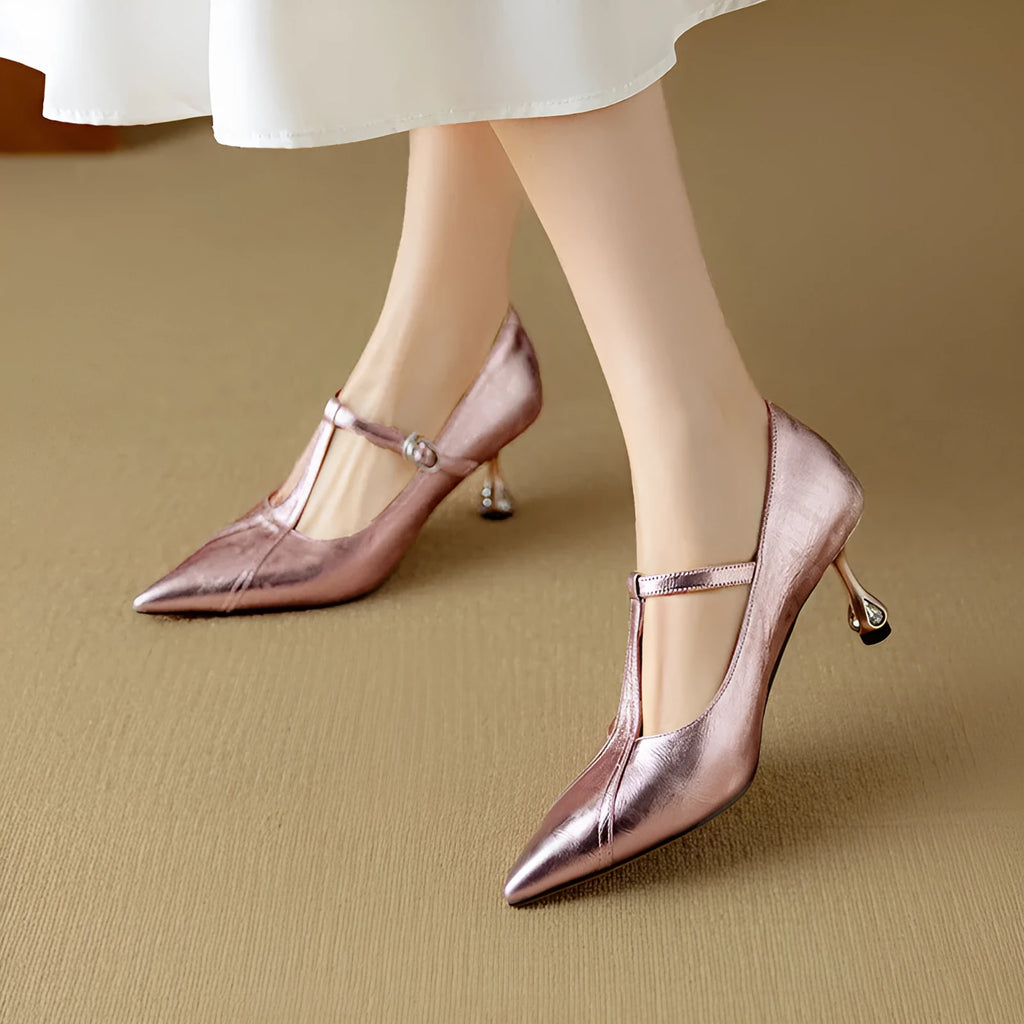 Genuine leather Mary Jane pumps with chunky 3-5cm heel in gun colour and pink options