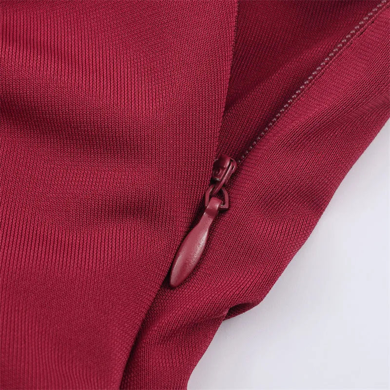 Women's red cotton pleated long dress with asymmetric skirt and stripe pattern on model
