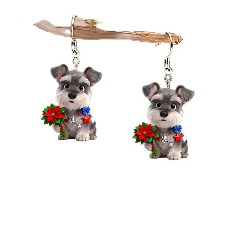 Flat cartoon Schnauzer dog earrings in acrylic, unisex Christmas style animal jewellery, one pair