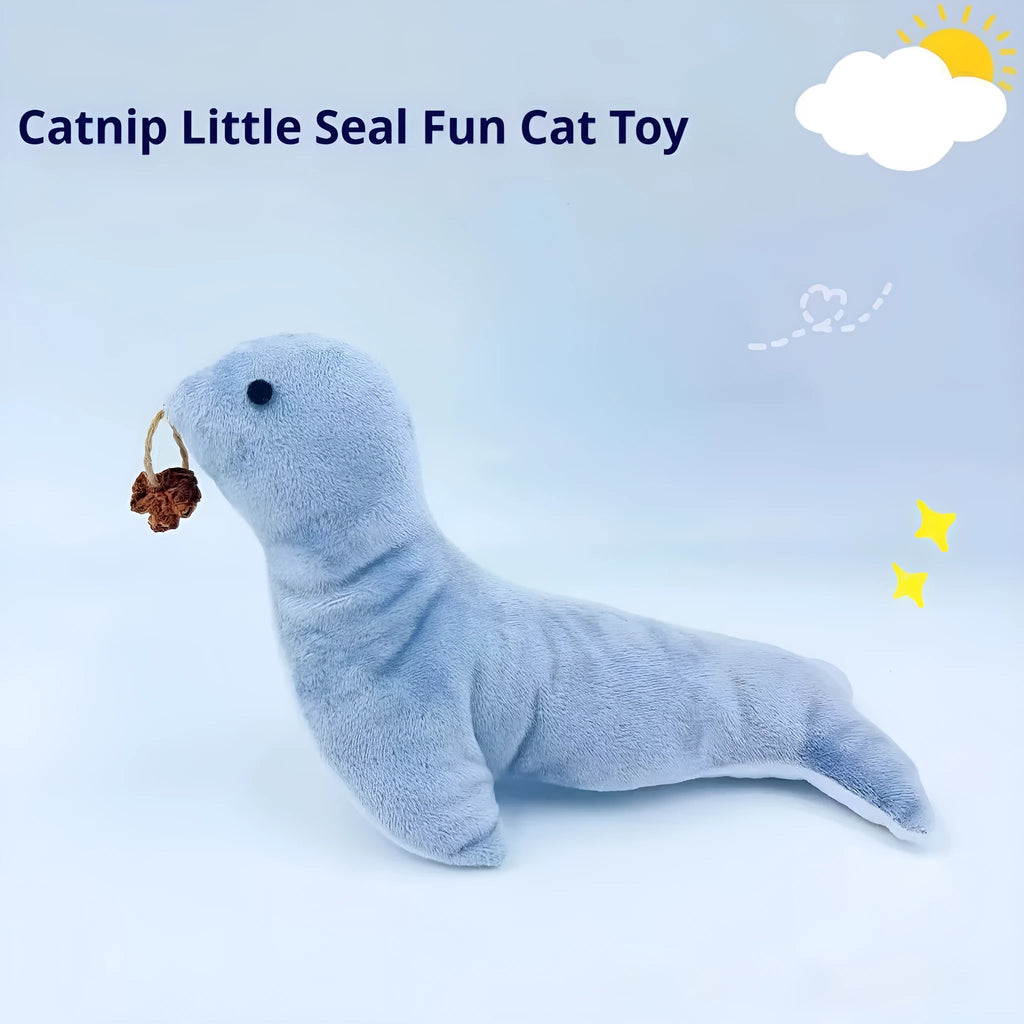 Blue sea lion shaped plush cat toy with bell, teeth grinding texture, catnip and gall fruit.