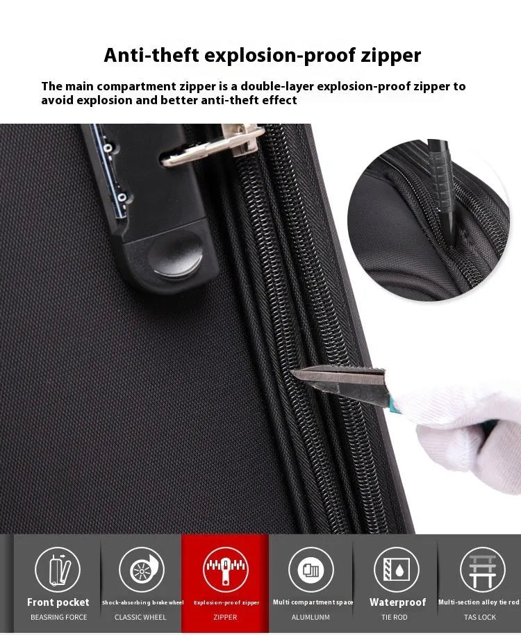 Black 18-inch Oxford cloth carry-on suitcase with retractable handle and four universal wheels.