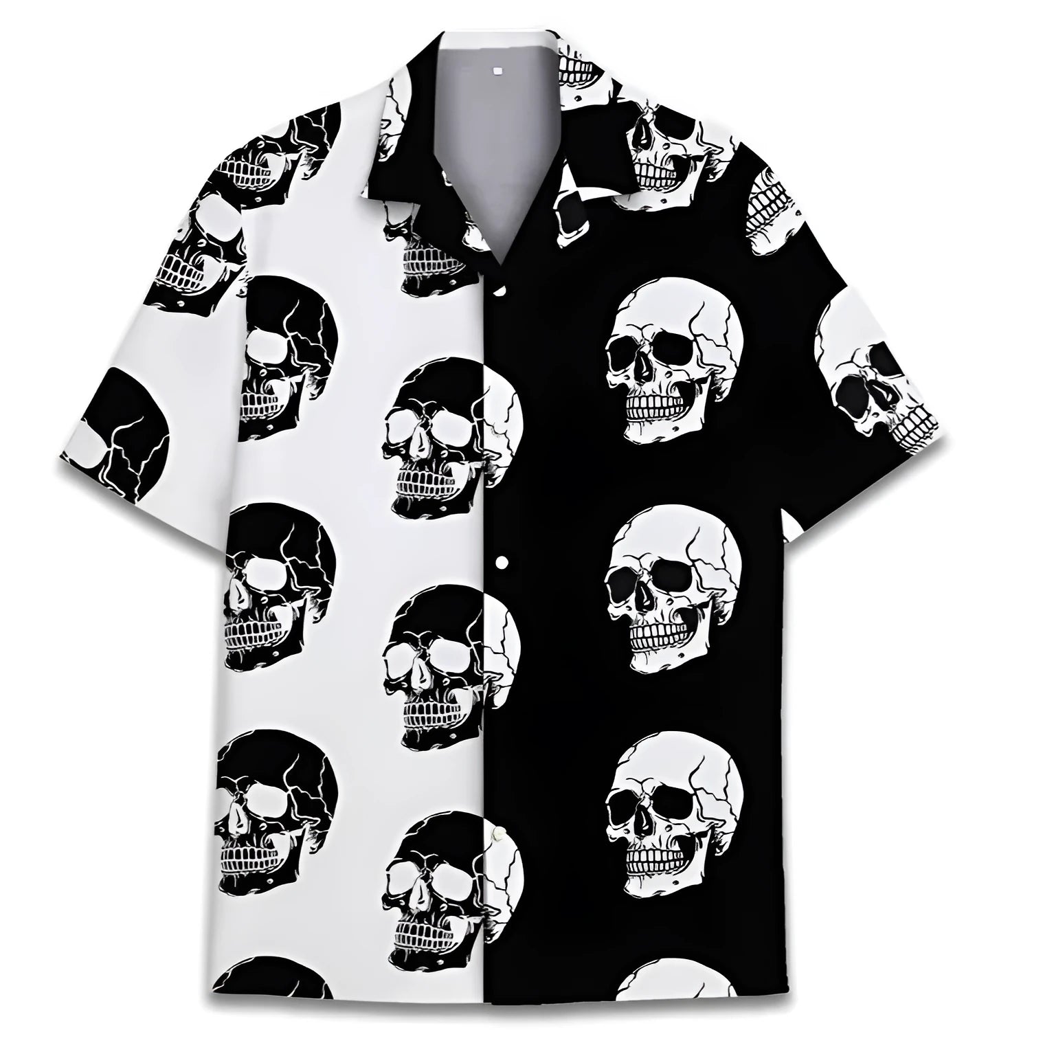 Man wearing a short-sleeve Cuban collar shirt with a patterned digital print, suitable for summer.