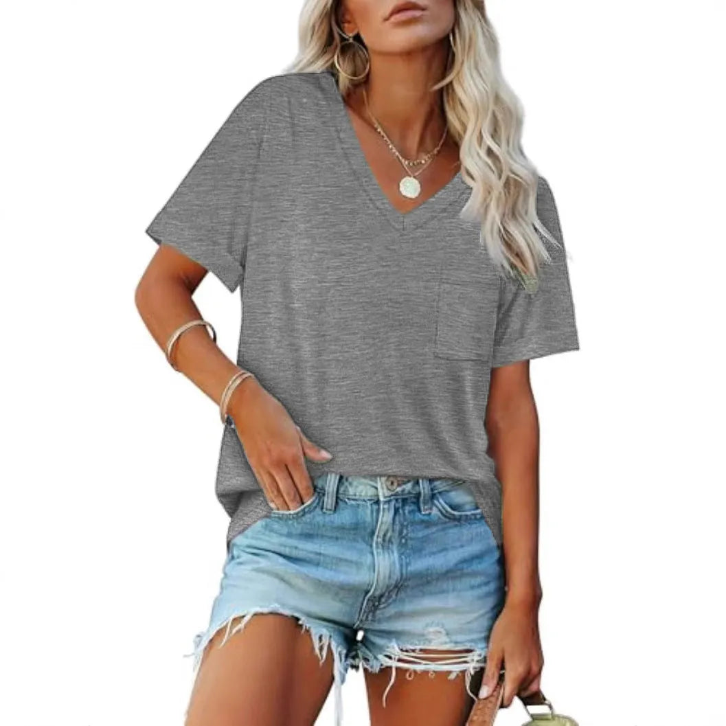 Grey loose-fit V-neck short sleeve t-shirt with a chest pocket on a solid background.