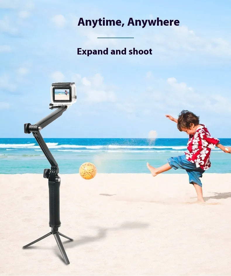 Black portable folding tripod stand for GoPro Hero action cameras in open and closed positions.