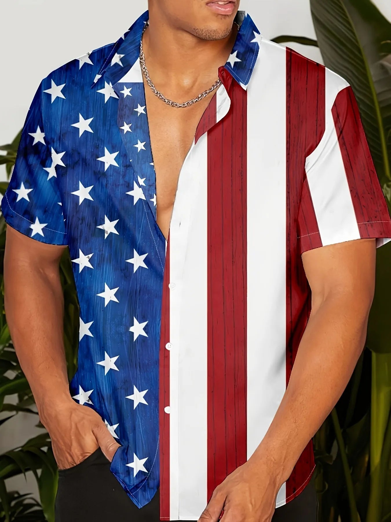 Men's floral pattern short sleeve shirt in loose cardigan style with elastic polyester fabric