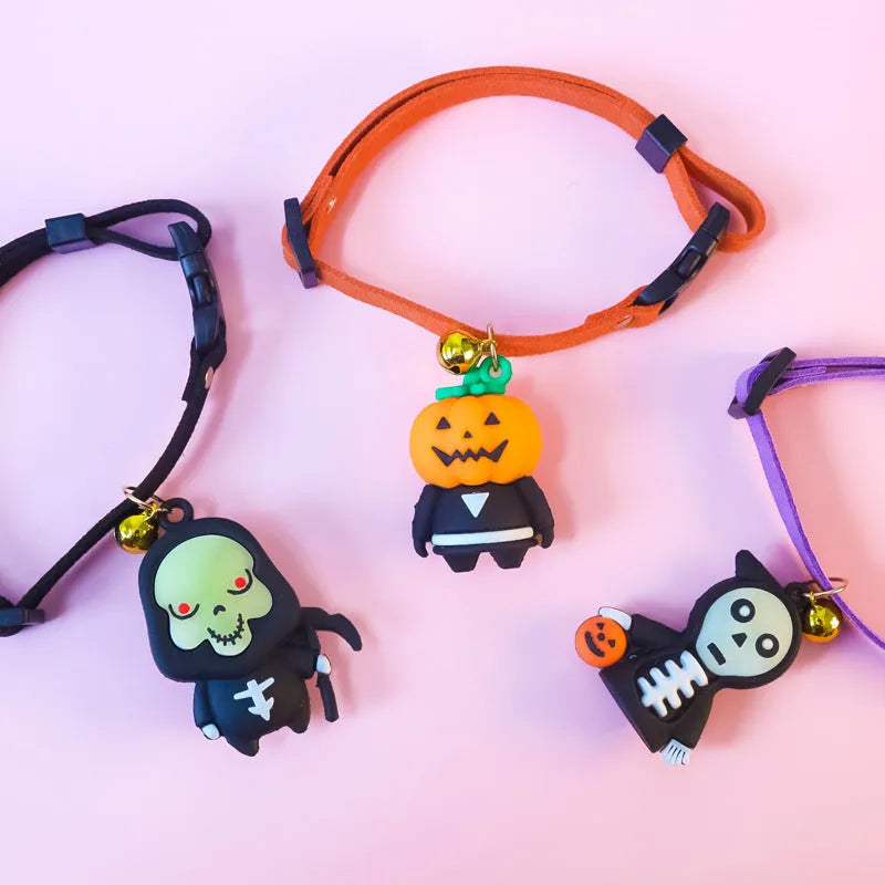 Halloween dog collar decoration in luminous Pumpkin Man design on adjustable polyester strap.