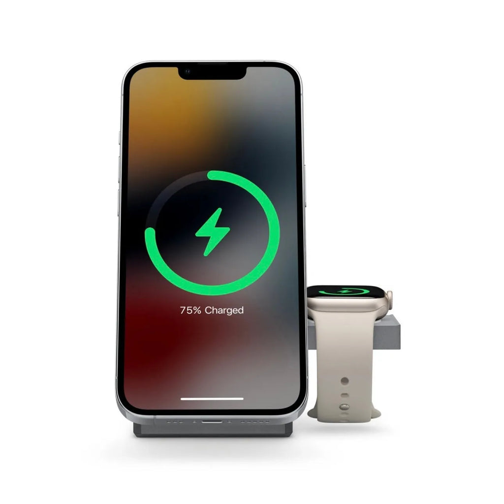 Foldable magnetic wireless charger for iPhone, AirPods and Apple Watch on a table