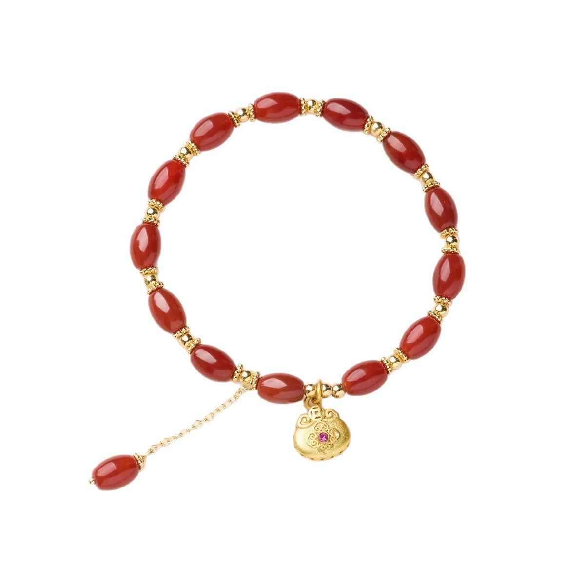 Natural red agate bracelet for women with handmade beads, geometric shape, and auspicious patterns in red agate fortune dumplings colour.