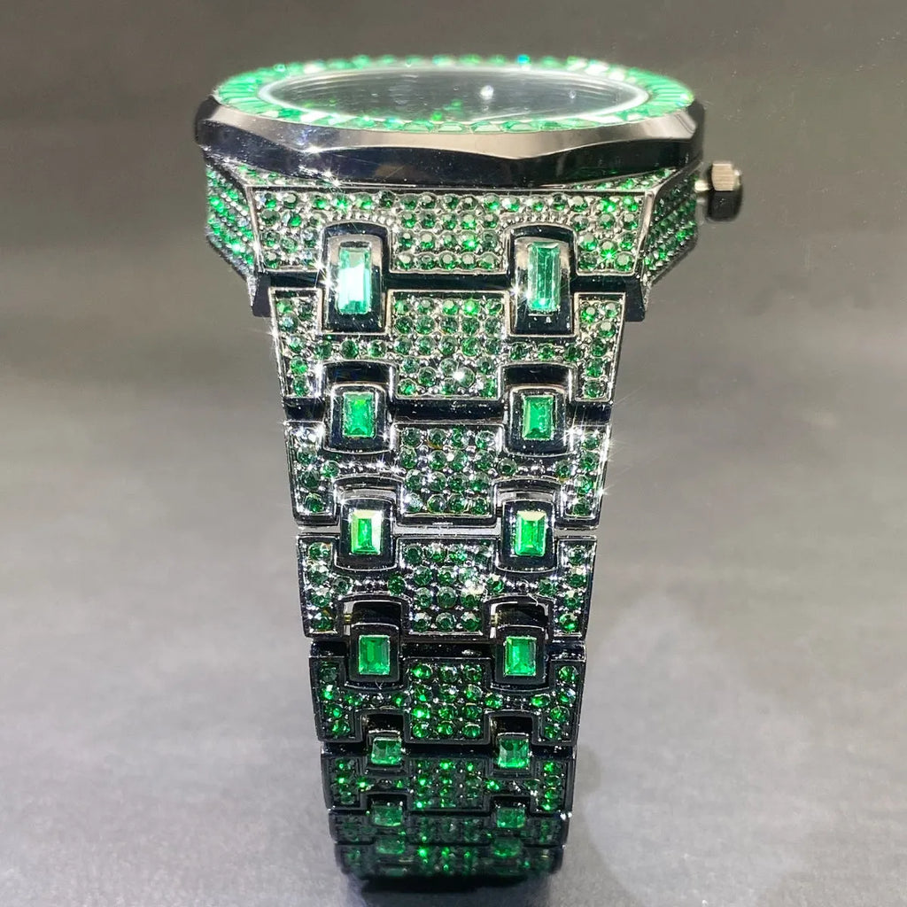 Green full rhinestone hip hop quartz watch for men with alloy case and 13mm thickness