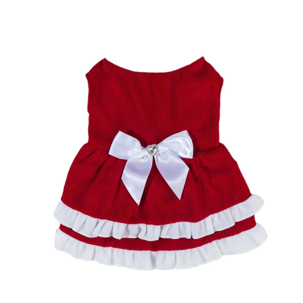 Red fleece pet Christmas dress with bow, pet size XS to XXL, European and American style