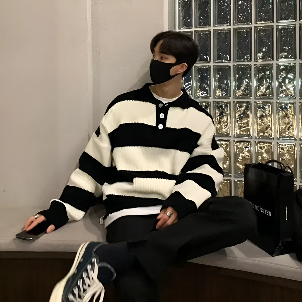 Men's loose fit striped sweater coat pullover in black or grey colour with long sleeves