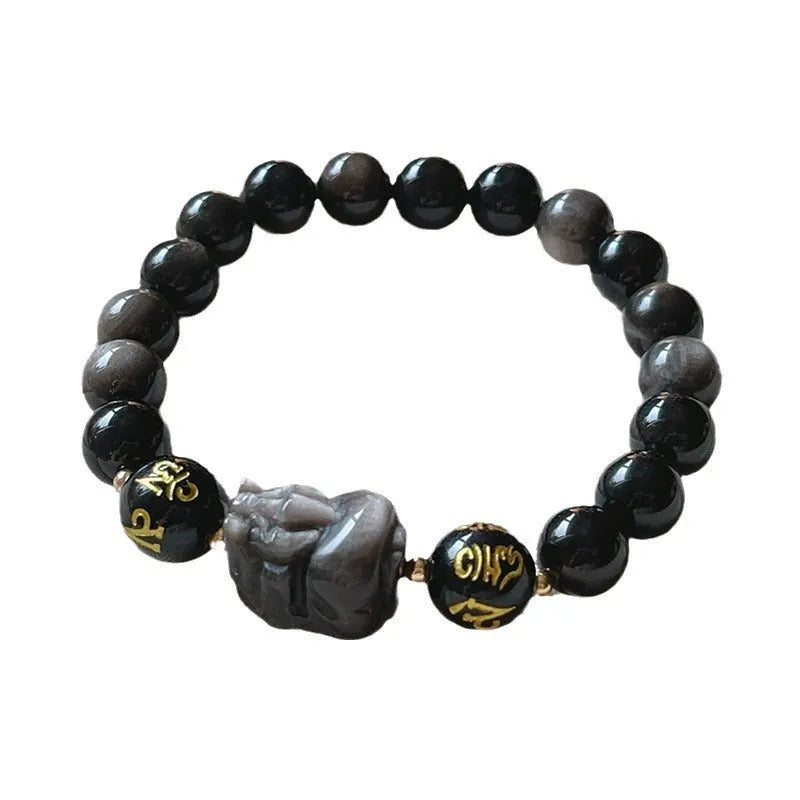 Natural silver stone men's bracelet with hand-knotted beads featuring zodiac symbols and Chinese proverbs