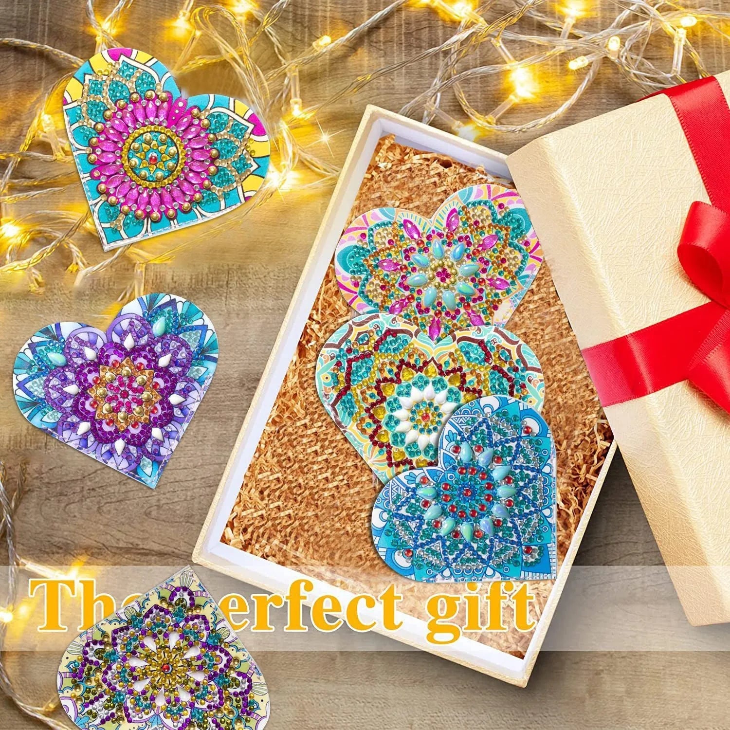 Handmade PU leather bookmark set with stick-on crystals and flower cornerite design, six pieces.