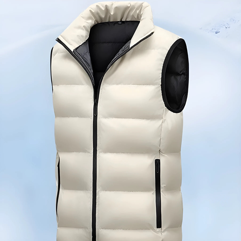Men's waterproof polyester vest in black with straight hem, front view