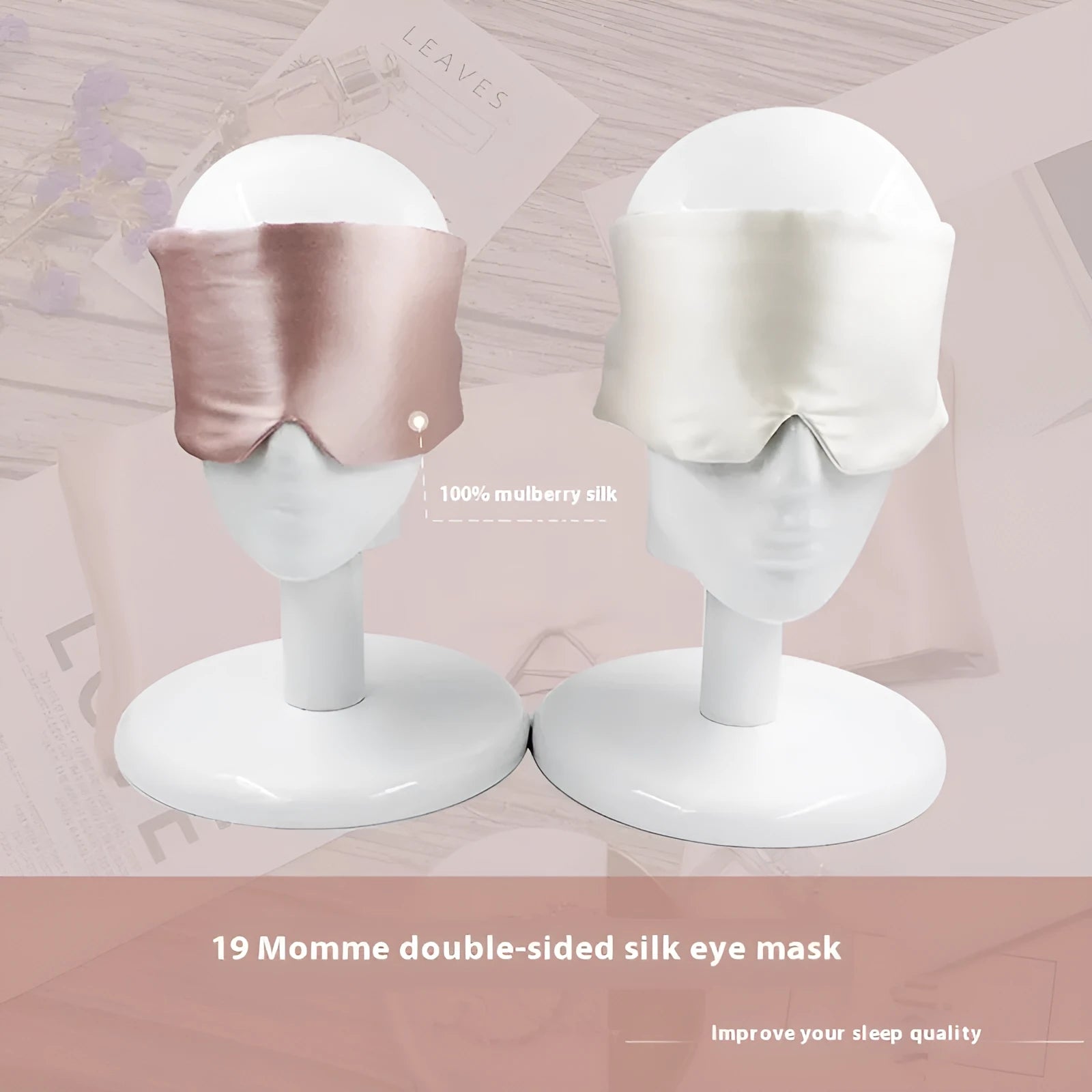Silk sleep eye mask in multiple colours including black, champagne gold, and navy blue.