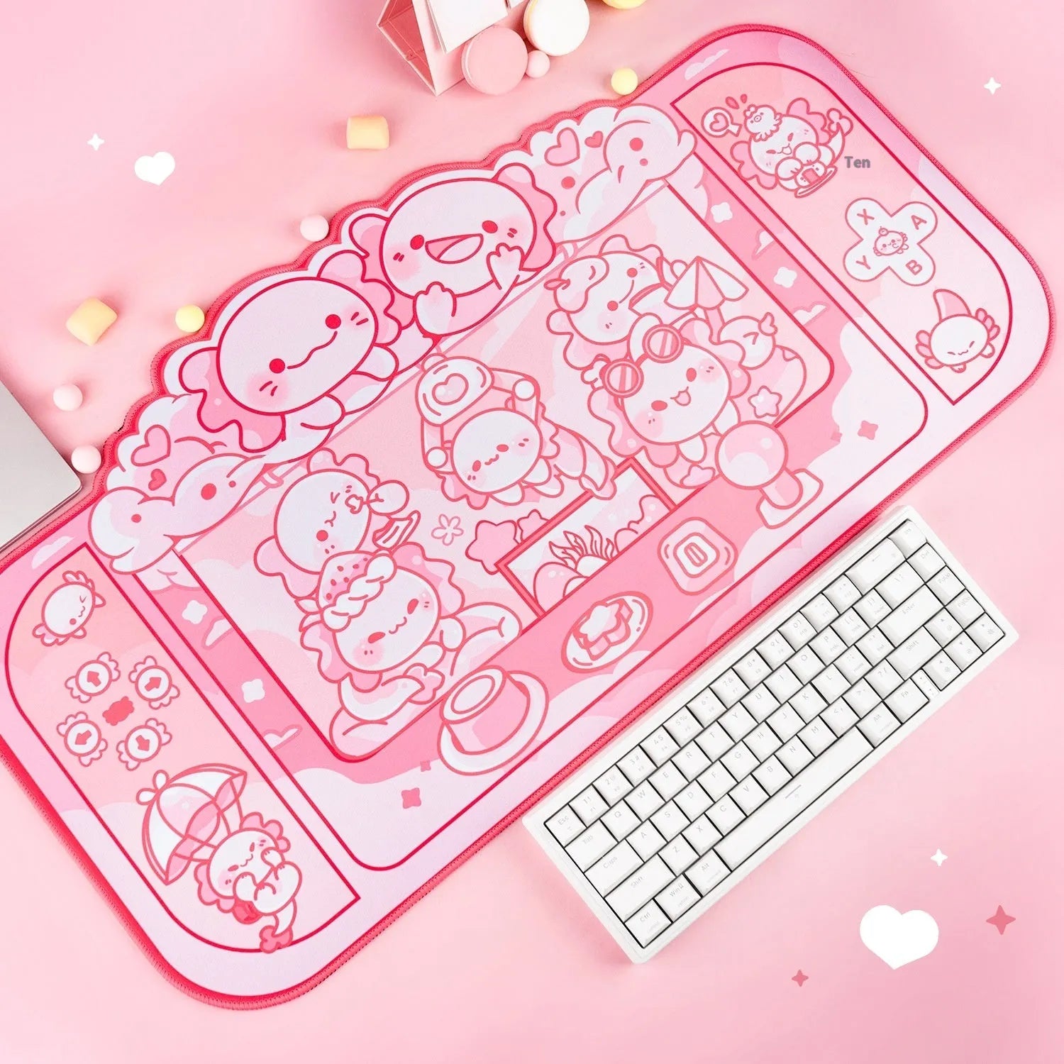 Large rectangular mouse pad with a hexagonal dragon crane cartoon design and an integrated wrist rest.