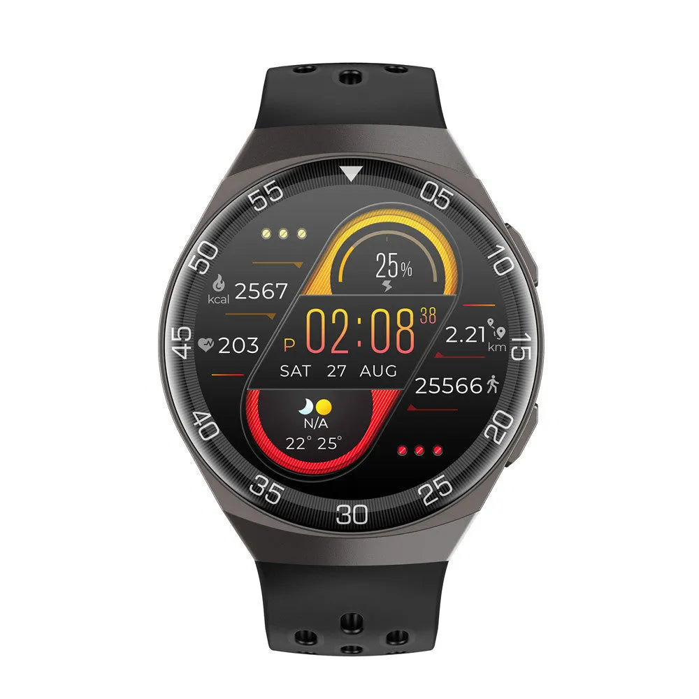 Smart watch with 1.28-inch HD screen, TPU strap, zinc alloy frame, IP68 waterproof, available in black, red, green.