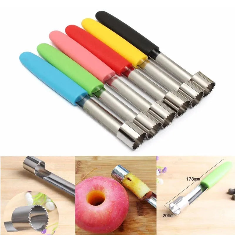 Stainless steel fruit corer with 178mm length and 20mm diameter on a light background
