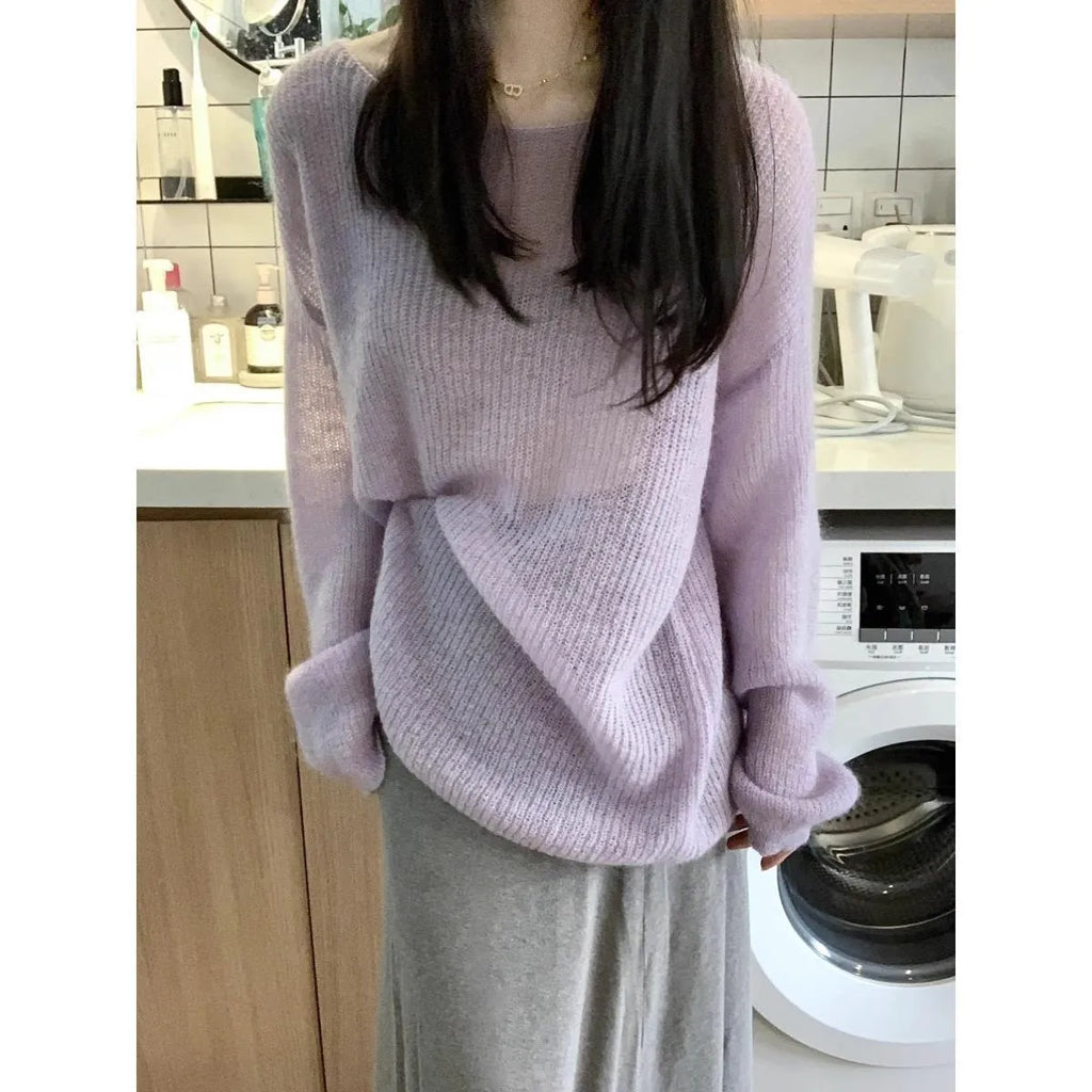 Women's purple round neck lightweight sweater with princess sleeves and hollow out design.